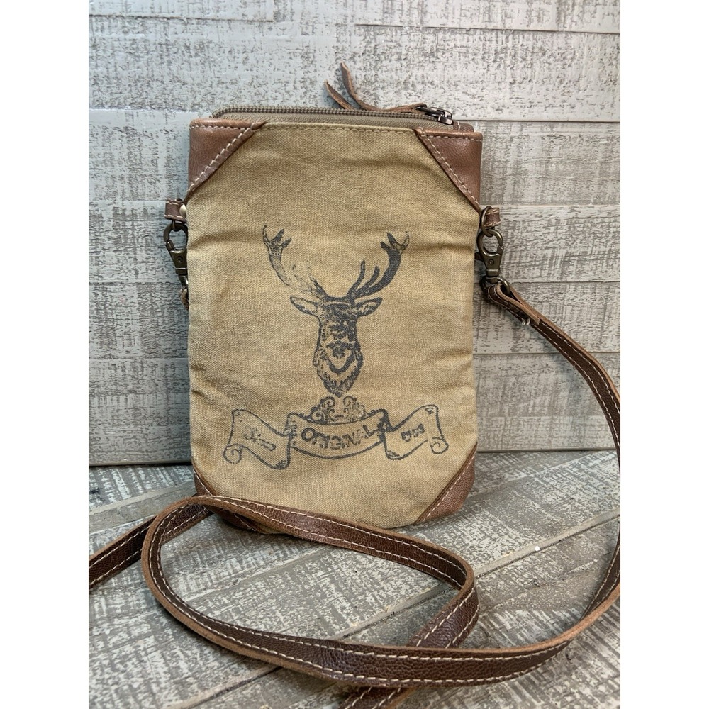 MYRA USA Royal Stag Crossbody Bag Purse Handbag Deer Canvas Tan 8x10